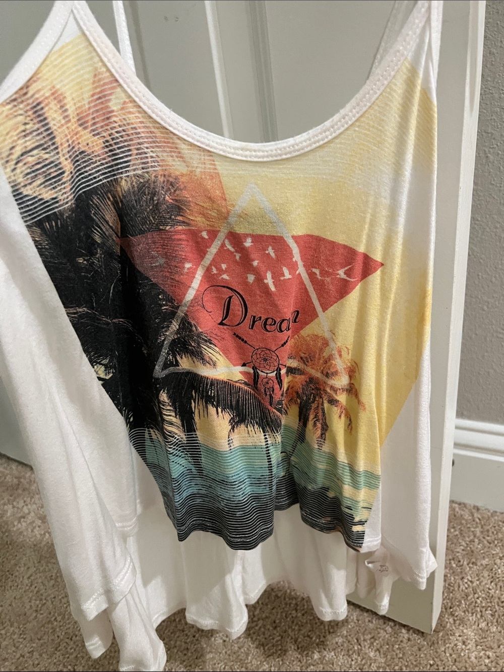 fab'rik White Tropical Graphic Scoop Tank with Sunset Hues